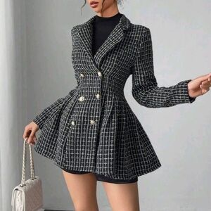 Women's Elegant Pleated Houndstooth Skirt Suit